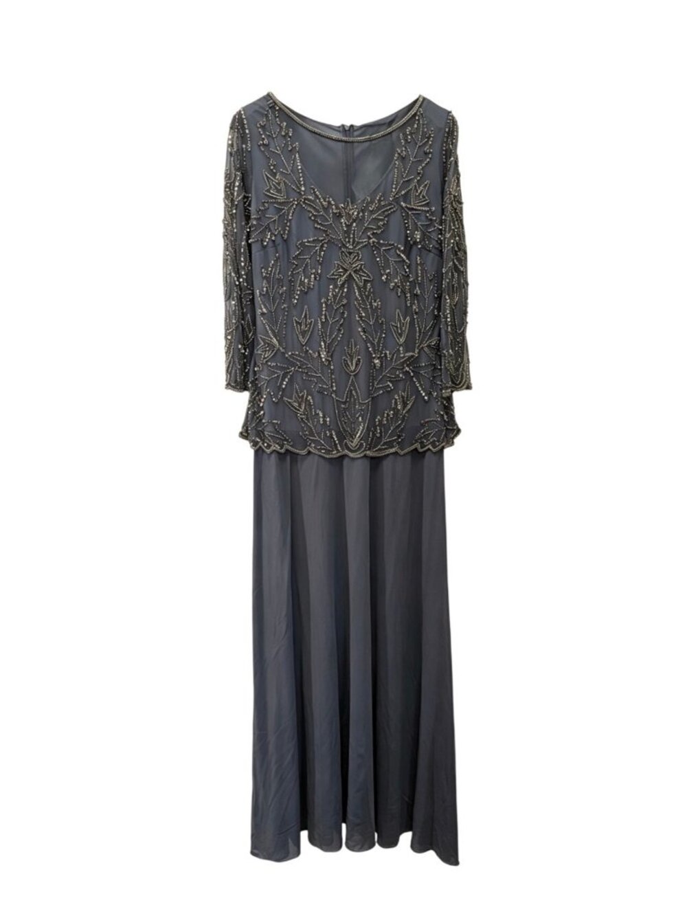Pisarro Nights Women’s Beaded Mesh Chiffon Evening Gown Slate Grey Gunmetal US 8